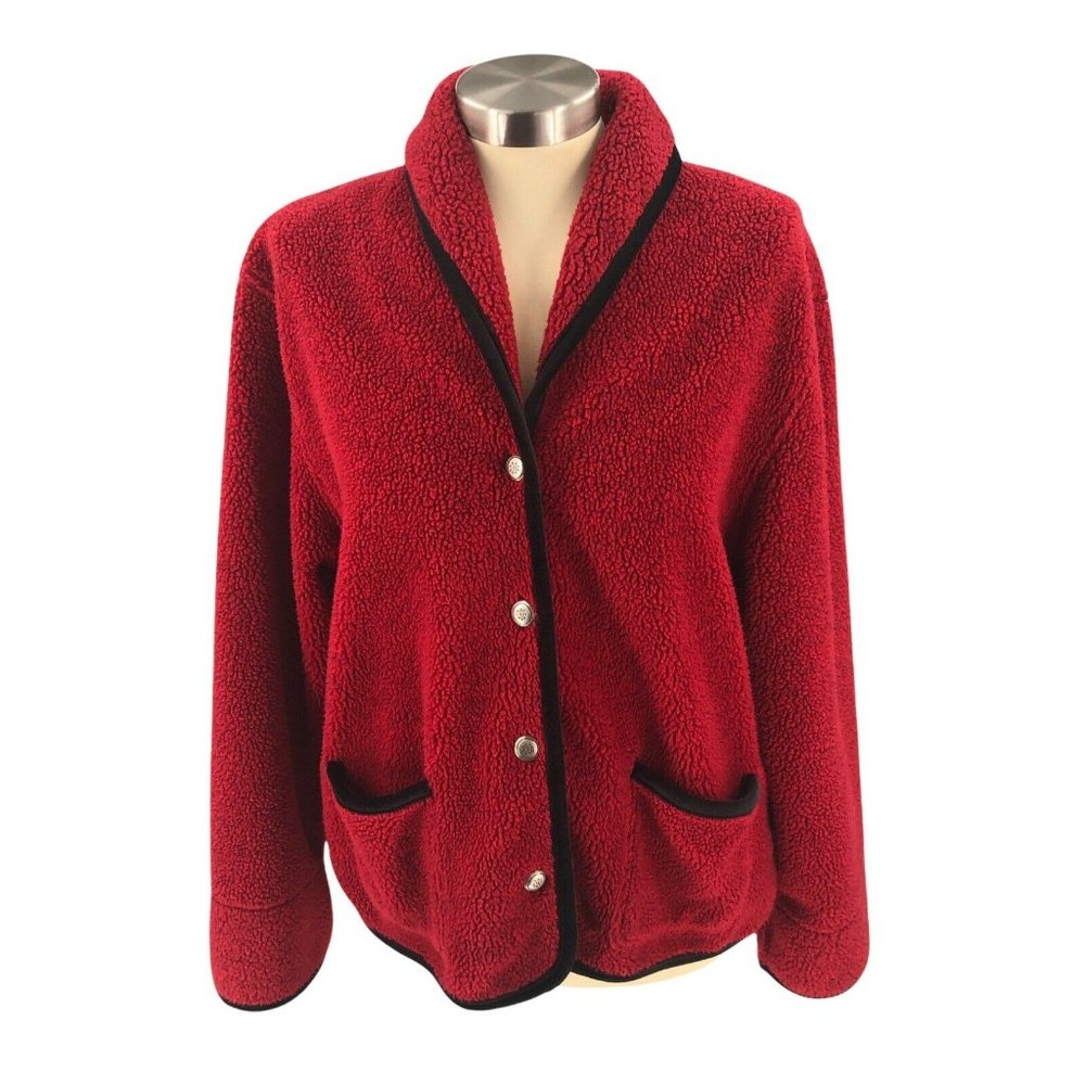 Talbots Women Sweater Medium Petite Red Cardigan Sherpa Fleece Long Sleeve USA